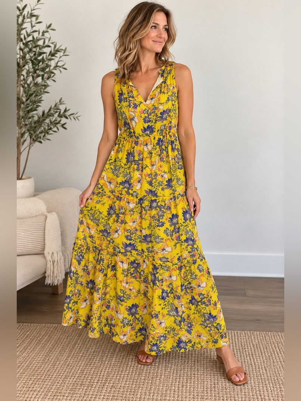 🌼 Maeve Floral Sleeveless Tiered Maxi Dress Yellow Size 12 🌼